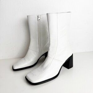 L’Intervalle white leather square toe mid calf boots with block heel size 37